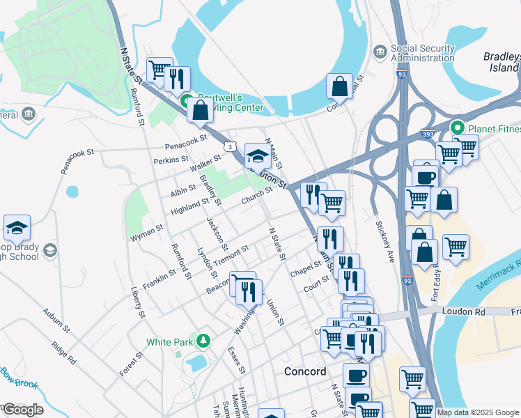 map of restaurants, bars, coffee shops, grocery stores, and more near 131 North State Street in Concord