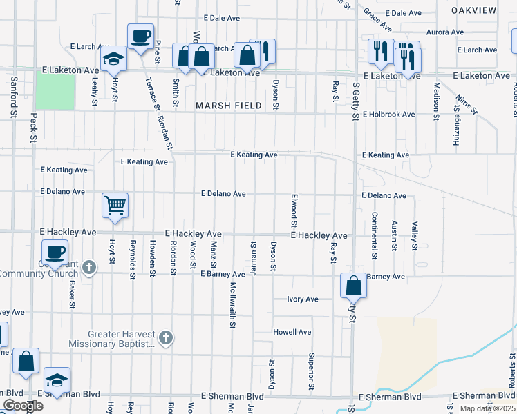 map of restaurants, bars, coffee shops, grocery stores, and more near 2114 Jarman Street in Muskegon Heights