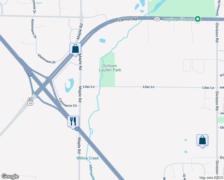 map of restaurants, bars, coffee shops, grocery stores, and more near N108W18445 Lilac Ln in Germantown