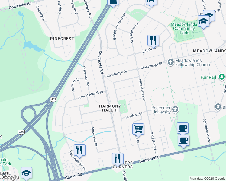 map of restaurants, bars, coffee shops, grocery stores, and more near 107 Moorland Crescent in Hamilton