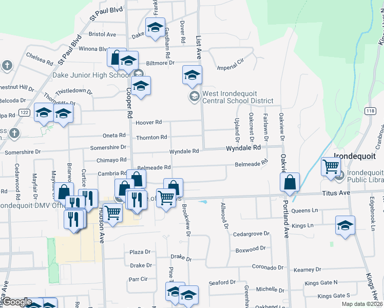 map of restaurants, bars, coffee shops, grocery stores, and more near 175 Wyndale Road in Irondequoit