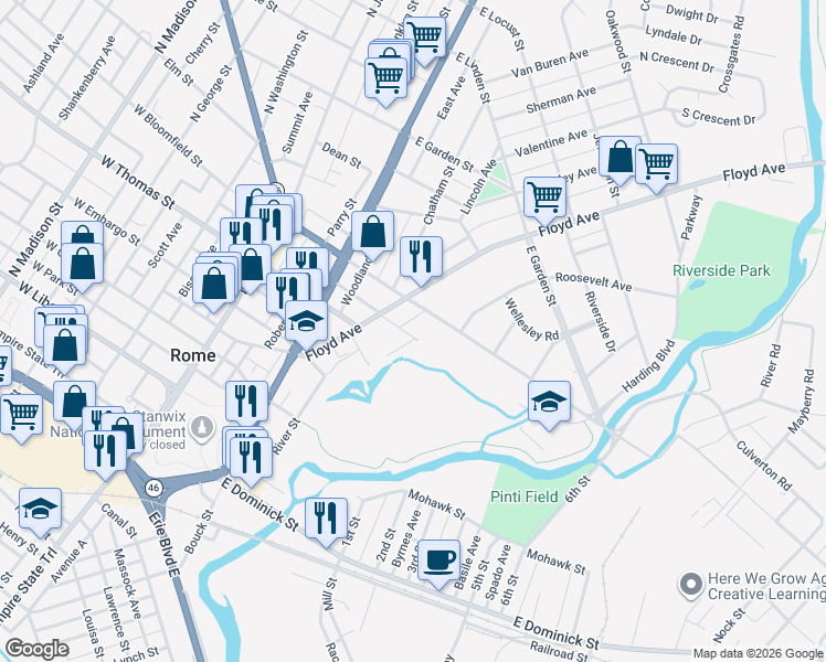 map of restaurants, bars, coffee shops, grocery stores, and more near 407 Myrtle Street in Rome