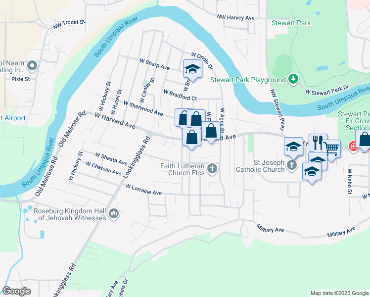 map of restaurants, bars, coffee shops, grocery stores, and more near 616 West Luellen Drive in Roseburg