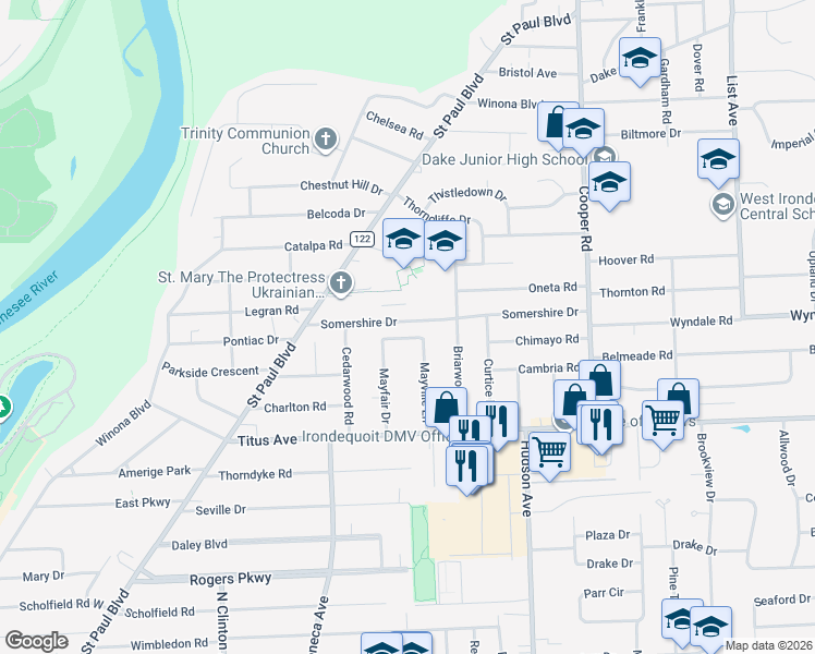 map of restaurants, bars, coffee shops, grocery stores, and more near 137 Somershire Drive in Irondequoit