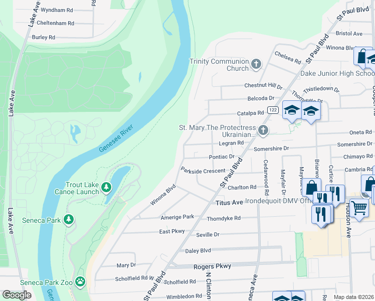 map of restaurants, bars, coffee shops, grocery stores, and more near 518 Winona Boulevard in Rochester