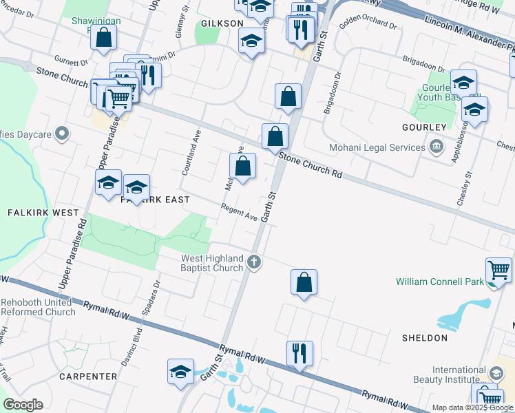 map of restaurants, bars, coffee shops, grocery stores, and more near 1460 Garth Street in Hamilton