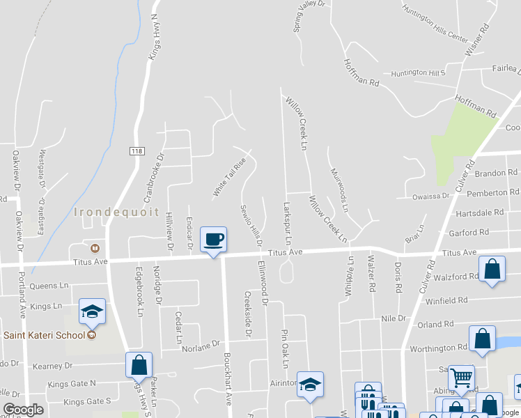 map of restaurants, bars, coffee shops, grocery stores, and more near 155 Brook Trout Lane in Rochester