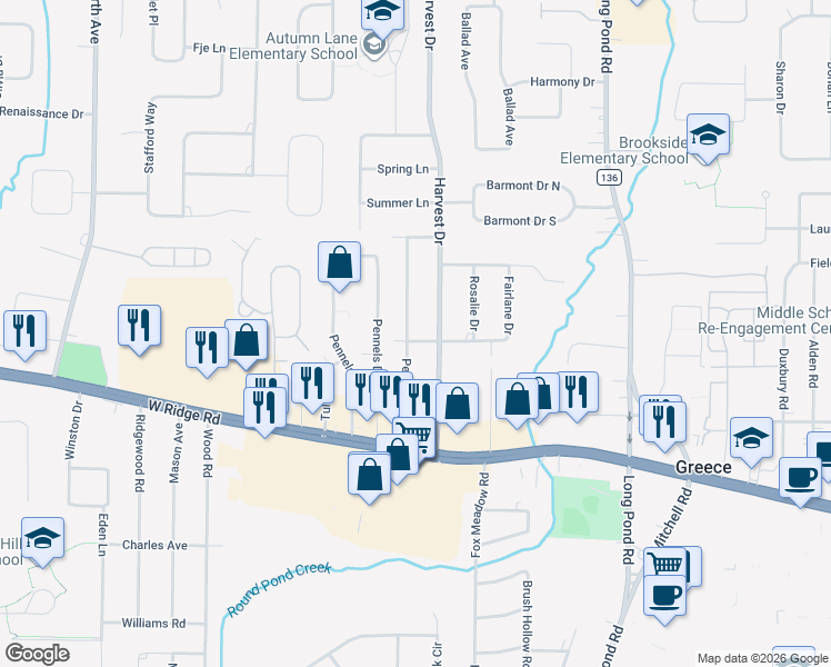 map of restaurants, bars, coffee shops, grocery stores, and more near 152 Pepperidge Drive in Rochester