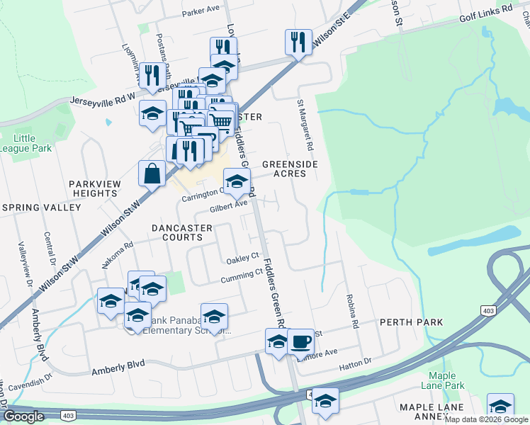 map of restaurants, bars, coffee shops, grocery stores, and more near 188 Fiddlers Green Road in Hamilton
