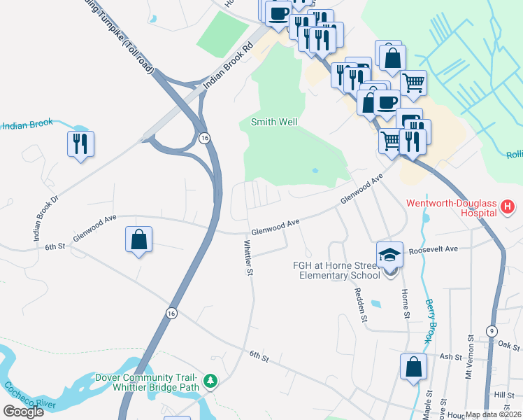 map of restaurants, bars, coffee shops, grocery stores, and more near 19 Northway Circle in Dover