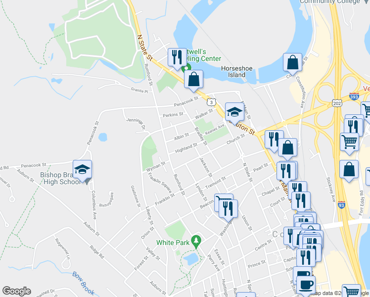 map of restaurants, bars, coffee shops, grocery stores, and more near 17 Highland St in Concord