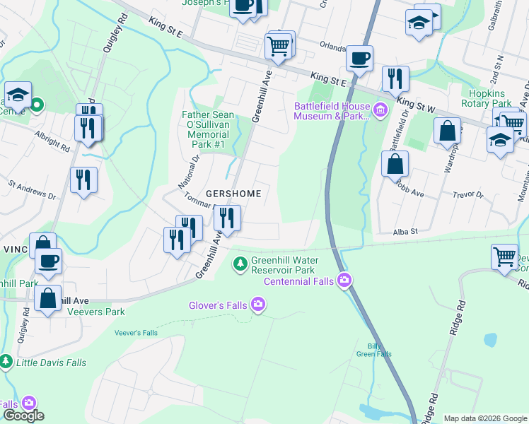 map of restaurants, bars, coffee shops, grocery stores, and more near 43 Riesling Court in Hamilton
