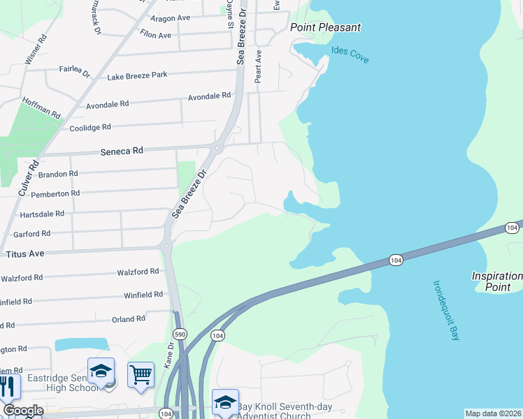 map of restaurants, bars, coffee shops, grocery stores, and more near 131 Shore Drive in Rochester