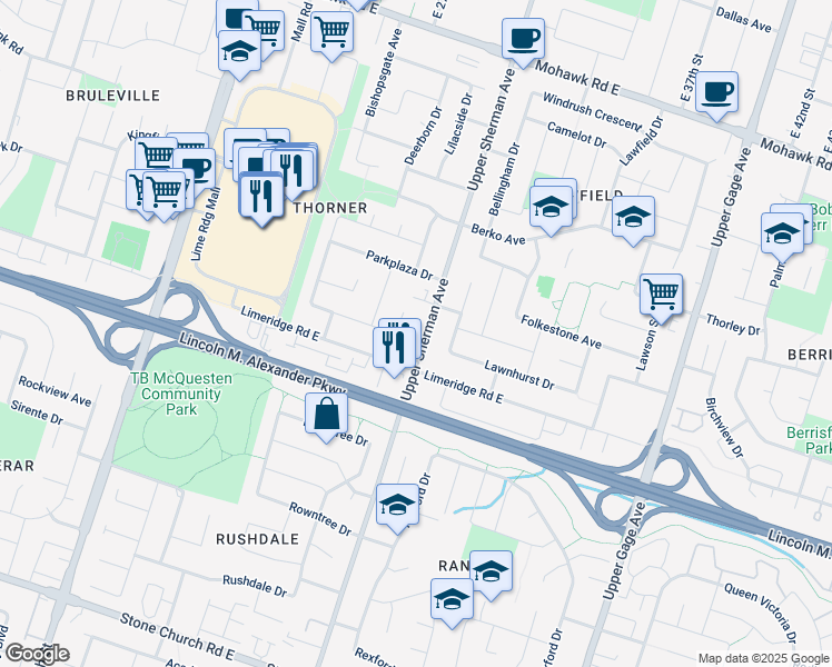 map of restaurants, bars, coffee shops, grocery stores, and more near 1090 Upper Sherman Avenue in Hamilton