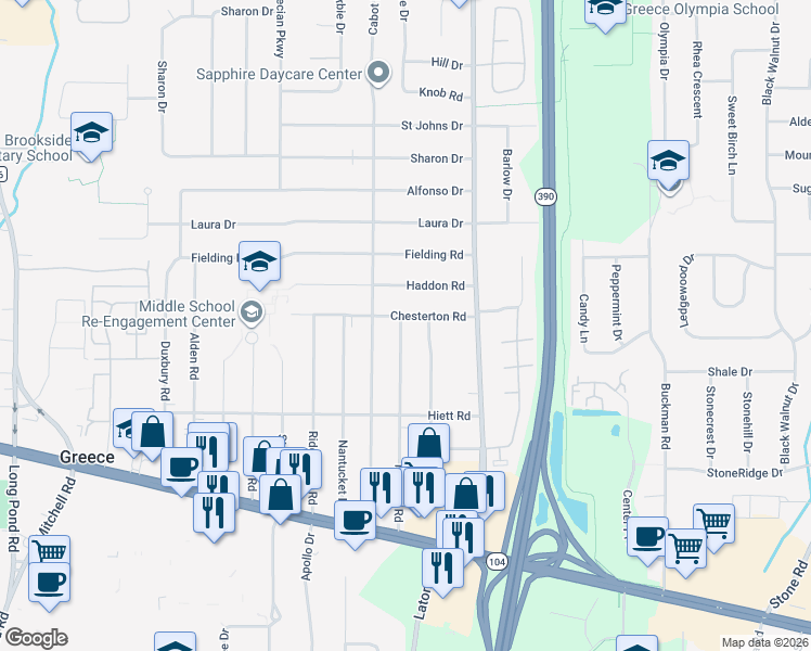map of restaurants, bars, coffee shops, grocery stores, and more near 99 Chesterton Road in Rochester