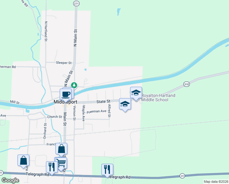 map of restaurants, bars, coffee shops, grocery stores, and more near 8 Butler Parkway in Middleport