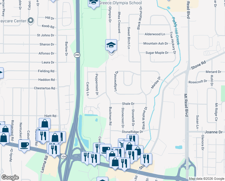 map of restaurants, bars, coffee shops, grocery stores, and more near 143 Ledgewood Drive in Rochester