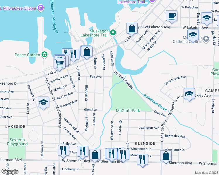 map of restaurants, bars, coffee shops, grocery stores, and more near 2168 Bourdon Street in Muskegon