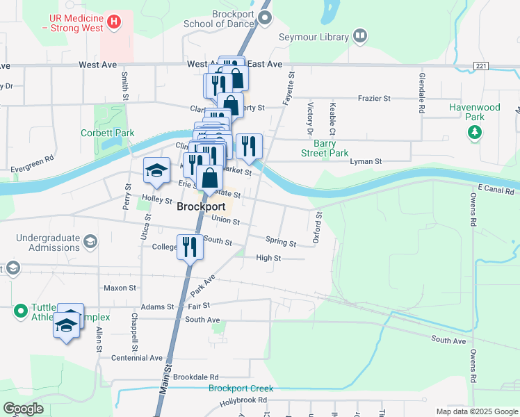 map of restaurants, bars, coffee shops, grocery stores, and more near 47 Park Ave in Brockport
