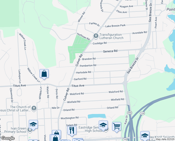 map of restaurants, bars, coffee shops, grocery stores, and more near 112 Hartsdale Road in Rochester