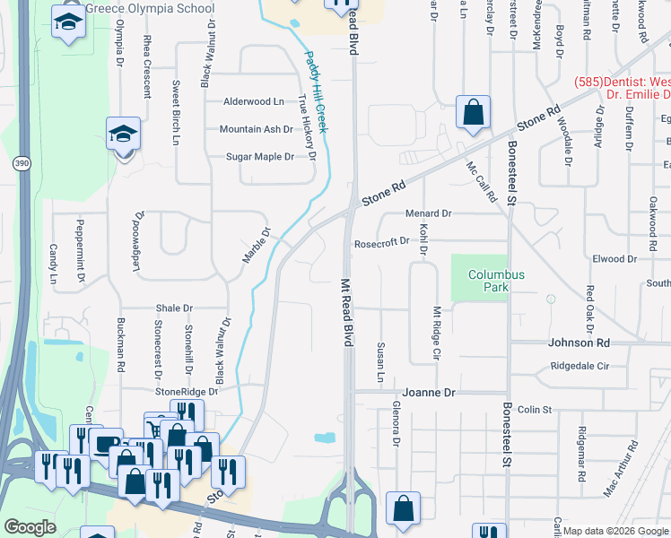 map of restaurants, bars, coffee shops, grocery stores, and more near 3073 Mount Read Boulevard in Rochester