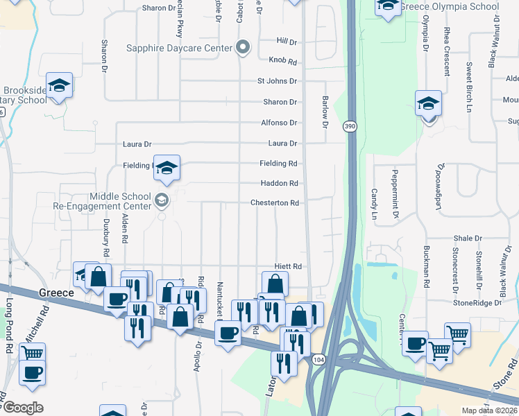 map of restaurants, bars, coffee shops, grocery stores, and more near 99 Chesterton Road in Rochester