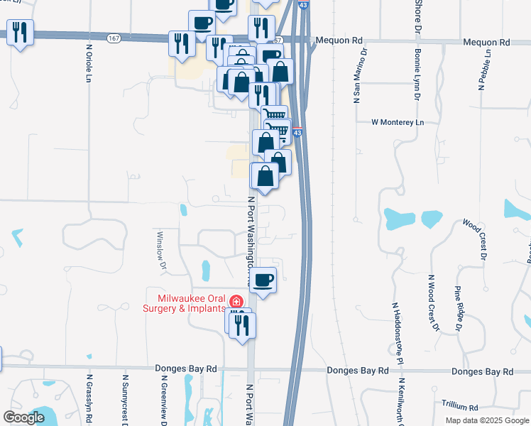 map of restaurants, bars, coffee shops, grocery stores, and more near 1235 Baldwin Court in Mequon