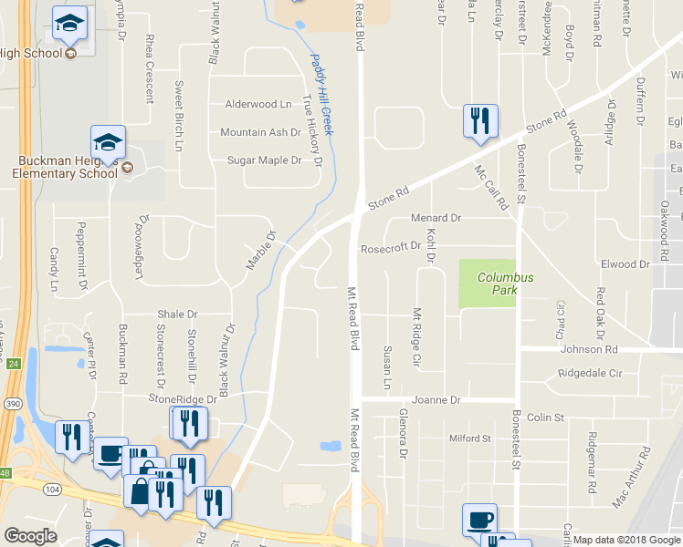 map of restaurants, bars, coffee shops, grocery stores, and more near 3073 Mount Read Boulevard in Rochester