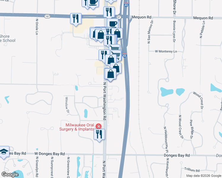 map of restaurants, bars, coffee shops, grocery stores, and more near 1235 Baldwin Court in Mequon