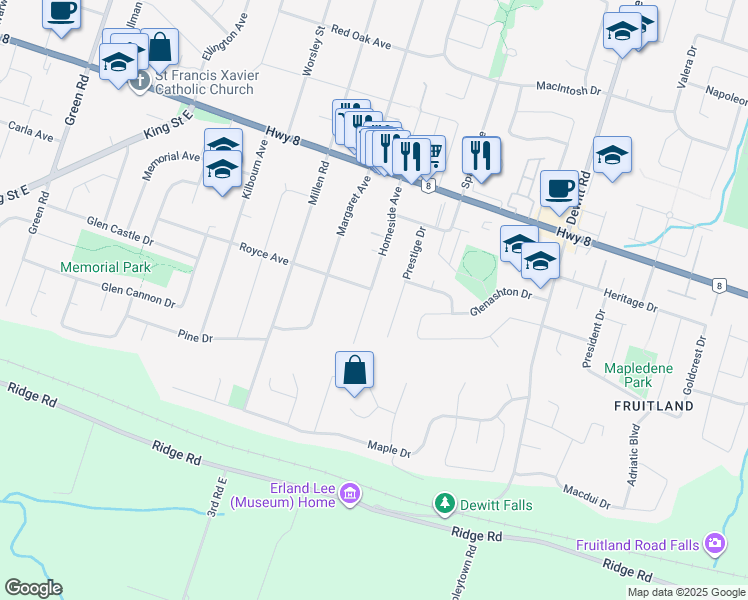 map of restaurants, bars, coffee shops, grocery stores, and more near 106 Homeside Avenue in Hamilton