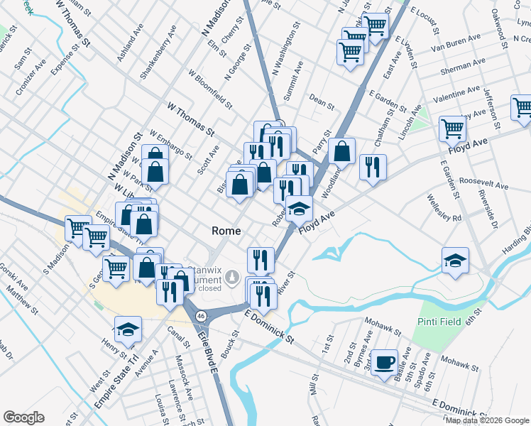 map of restaurants, bars, coffee shops, grocery stores, and more near 124 East Embargo Street in Rome