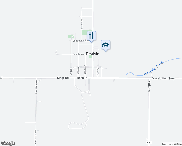 map of restaurants, bars, coffee shops, grocery stores, and more near 322 South Main Street in Protivin