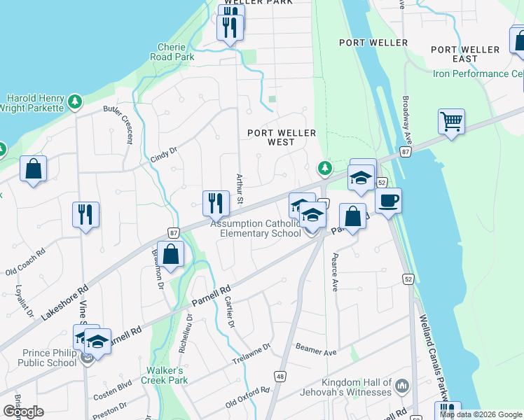 map of restaurants, bars, coffee shops, grocery stores, and more near 280 Lakeshore Road in St. Catharines