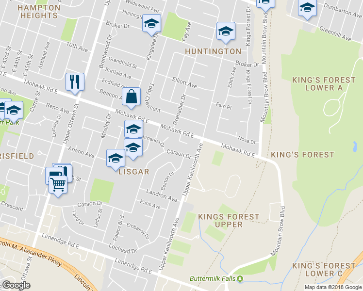 map of restaurants, bars, coffee shops, grocery stores, and more near 36 Algonquin Court in Hamilton