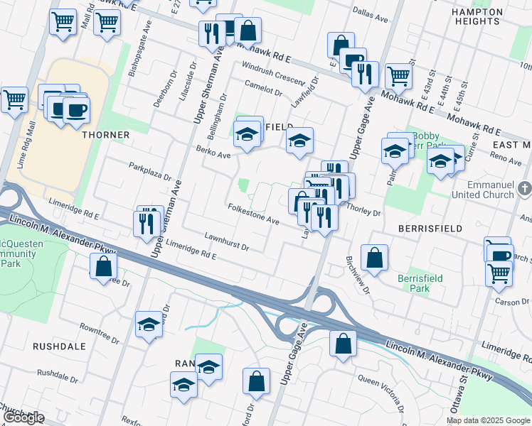 map of restaurants, bars, coffee shops, grocery stores, and more near 62 Folkestone Avenue in Hamilton