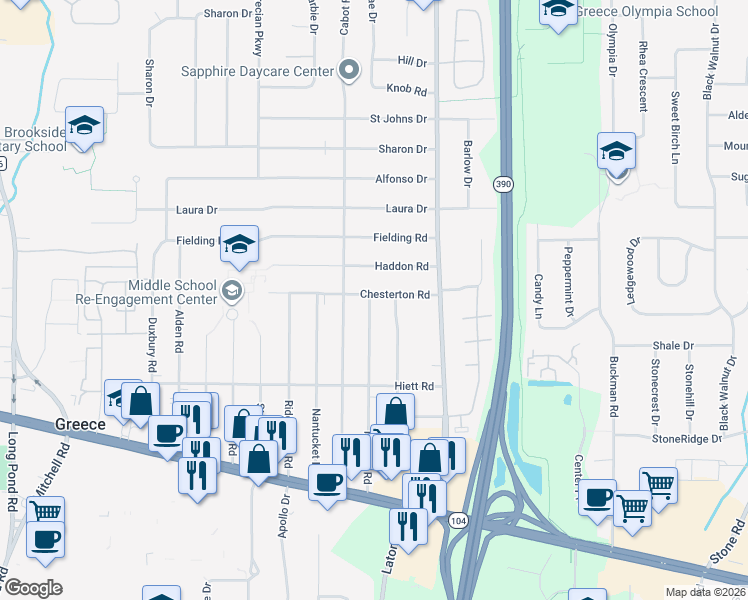 map of restaurants, bars, coffee shops, grocery stores, and more near 99 Chesterton Road in Rochester