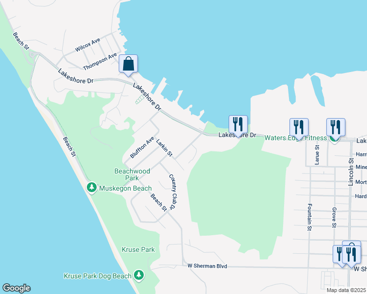 map of restaurants, bars, coffee shops, grocery stores, and more near 2191 Cottage Grove Street in Muskegon
