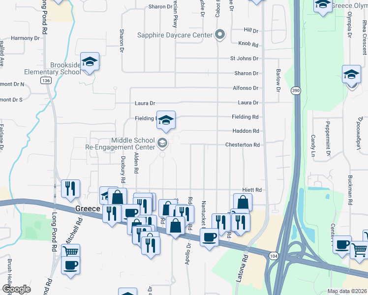 map of restaurants, bars, coffee shops, grocery stores, and more near 249 Chesterton Road in Rochester