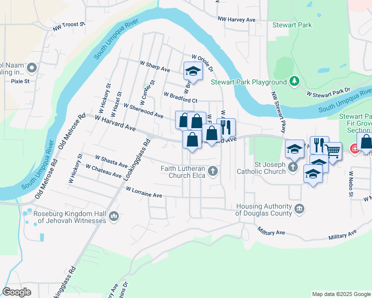 map of restaurants, bars, coffee shops, grocery stores, and more near 612 West Luellen Drive in Roseburg