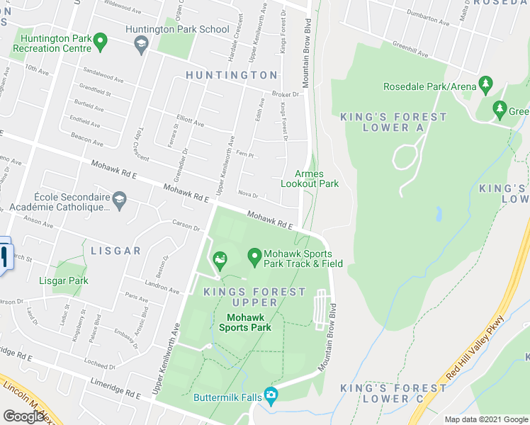 map of restaurants, bars, coffee shops, grocery stores, and more near 1125 Mohawk Road East in Hamilton