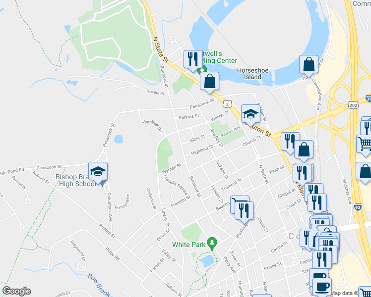 map of restaurants, bars, coffee shops, grocery stores, and more near 160 Rumford Street in Concord