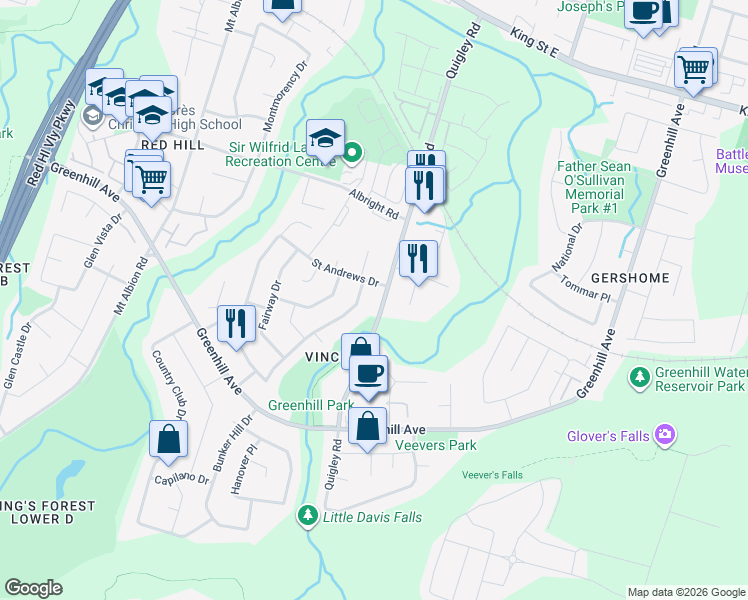 map of restaurants, bars, coffee shops, grocery stores, and more near 392 Saint Andrews Drive in Hamilton