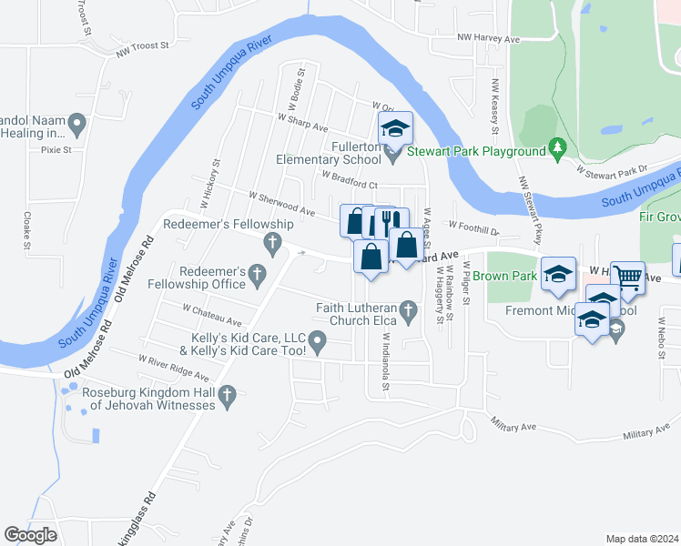 map of restaurants, bars, coffee shops, grocery stores, and more near 2739 West Harvard Avenue in Roseburg