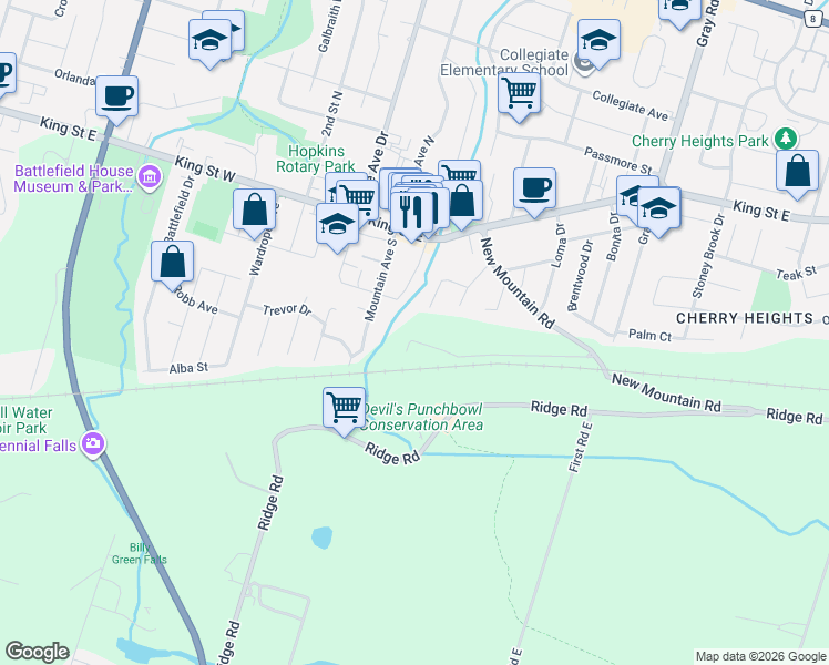 map of restaurants, bars, coffee shops, grocery stores, and more near 11 Leslie Drive in Hamilton