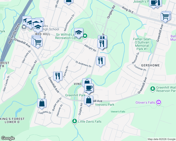 map of restaurants, bars, coffee shops, grocery stores, and more near 392 Saint Andrews Drive in Hamilton