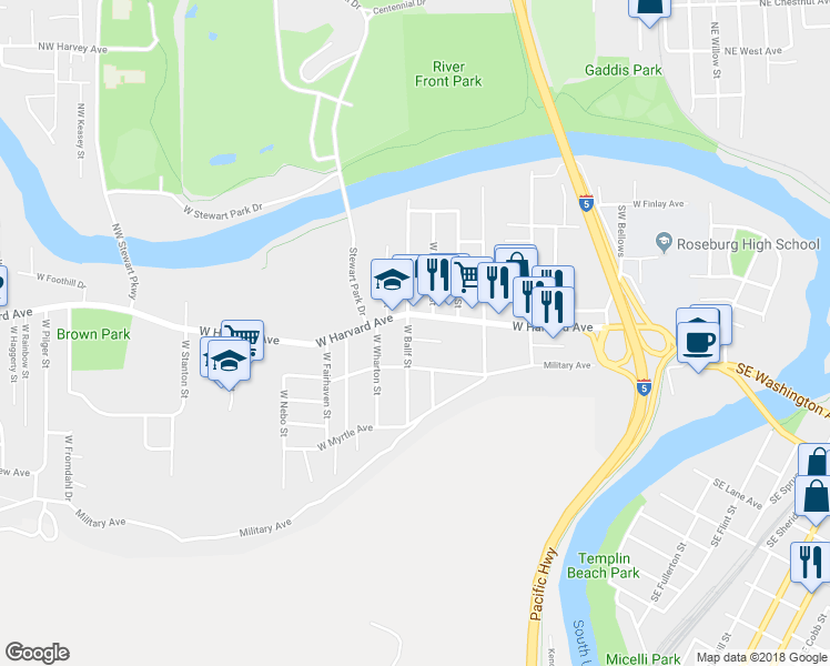 map of restaurants, bars, coffee shops, grocery stores, and more near 1225 West Rosemond Avenue in Roseburg