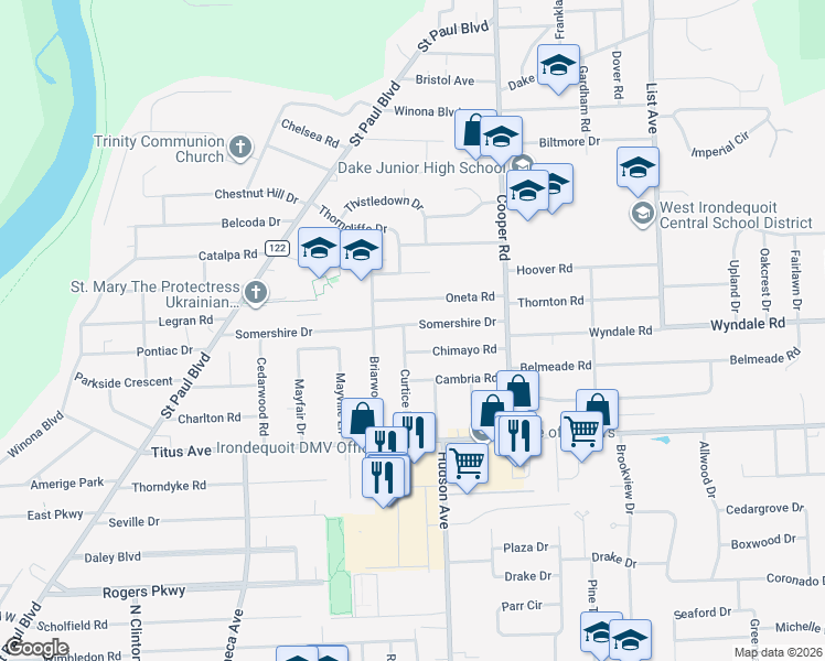 map of restaurants, bars, coffee shops, grocery stores, and more near 137 Curtice Road in Rochester