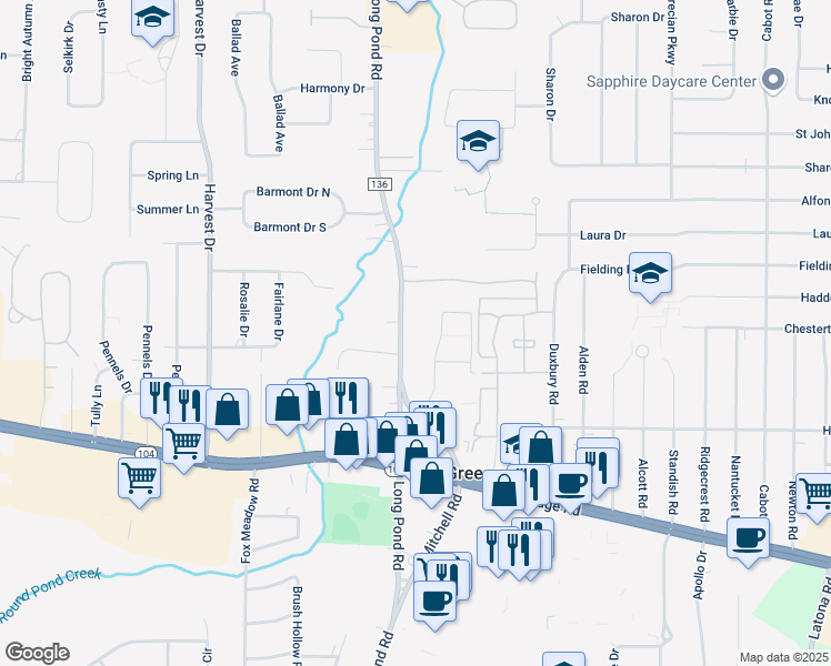 map of restaurants, bars, coffee shops, grocery stores, and more near 1206 Long Pond Road in Rochester