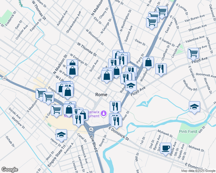 map of restaurants, bars, coffee shops, grocery stores, and more near 105 Stanwix St in Rome