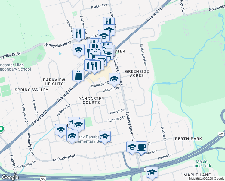 map of restaurants, bars, coffee shops, grocery stores, and more near 30 Gilbert Avenue in Hamilton